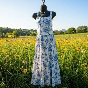 Monteau L Maxi Dress Linen Blend Romantic Floral Cottage Smocked